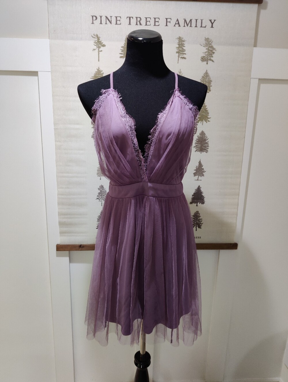 Windsor Dusty Mauve Eyelash Lace Tulle Babydoll Mini Dress Cross Back